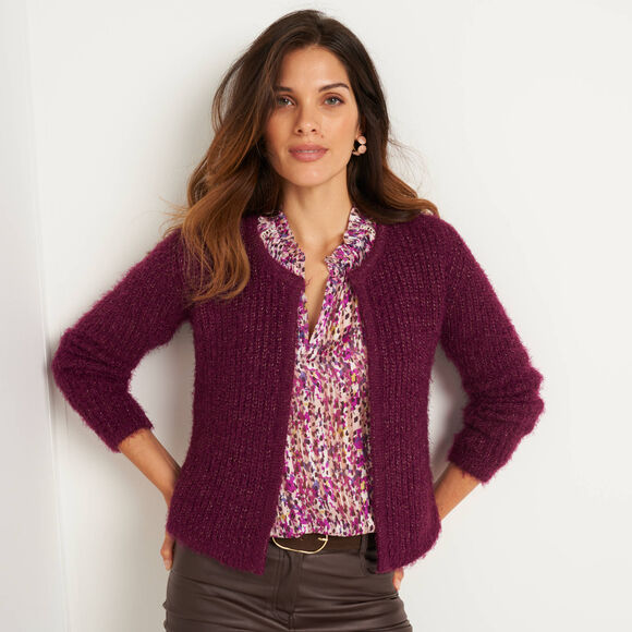 Gilet paletot, maille perlée fantaisie (prune) Gilet paletot, maille perlée fantaisie (prune)